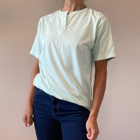 Vintage Mint Green/Light Blue T-Shirt with Buttons - Picture 1 of 9